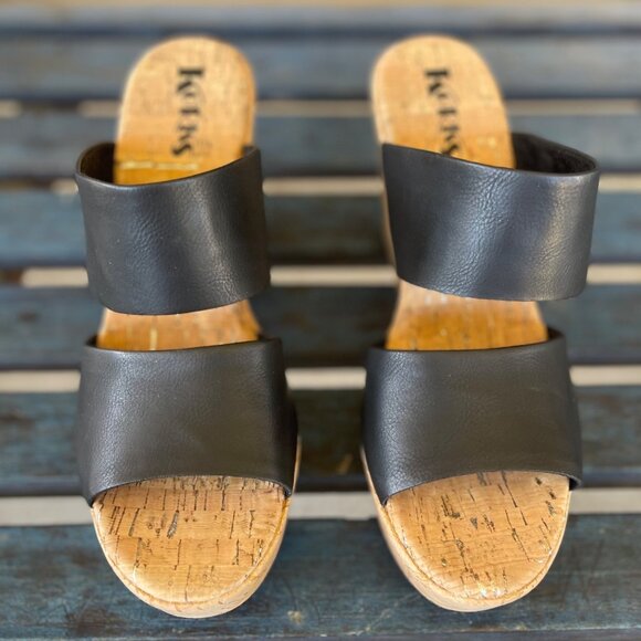 Korks Dezi Womens Platform Sandals 11M Black Leather Slip-On Cork Heel Open Toe - Picture 7 of 10